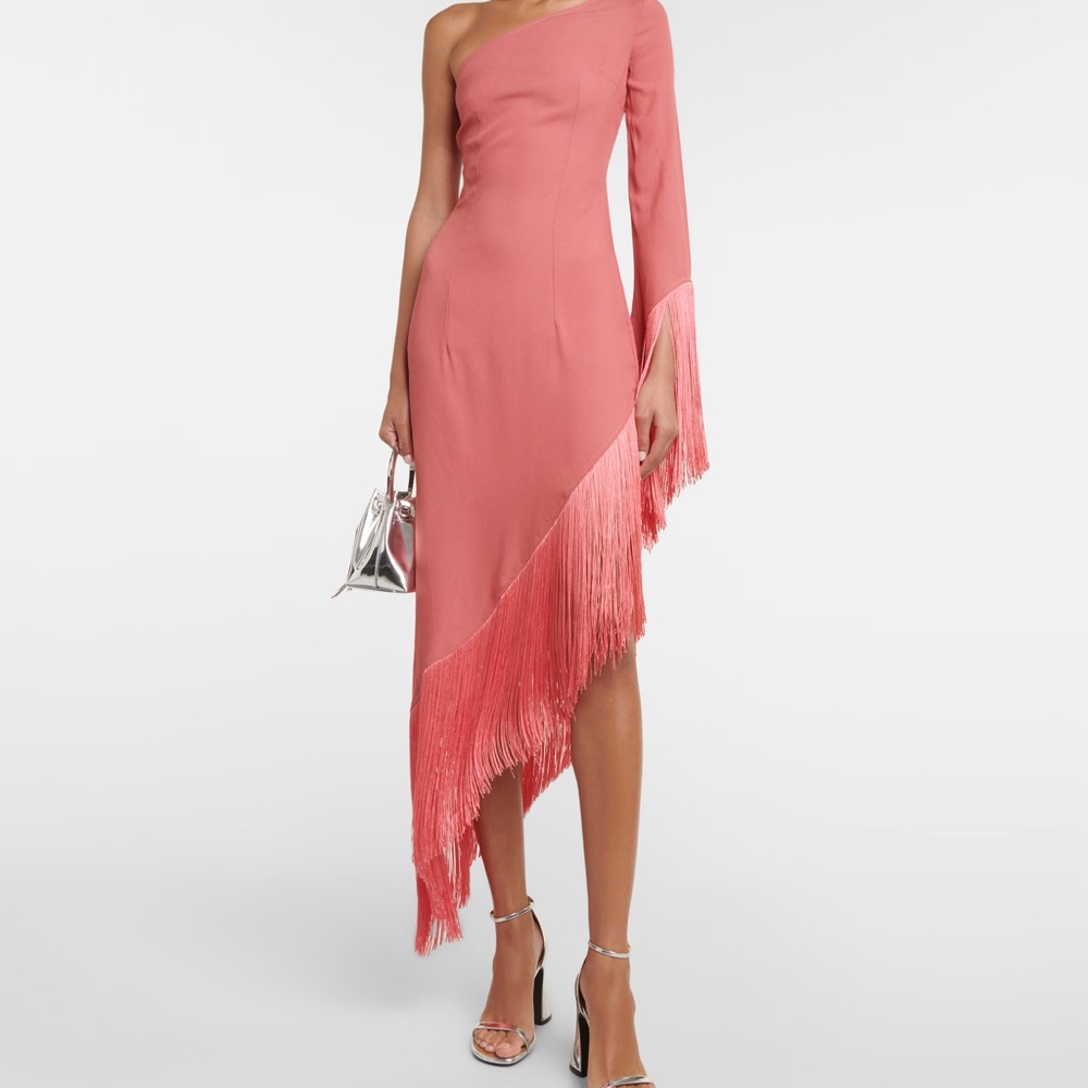One-Shoulder Pink Fringe Asymmetric Dress